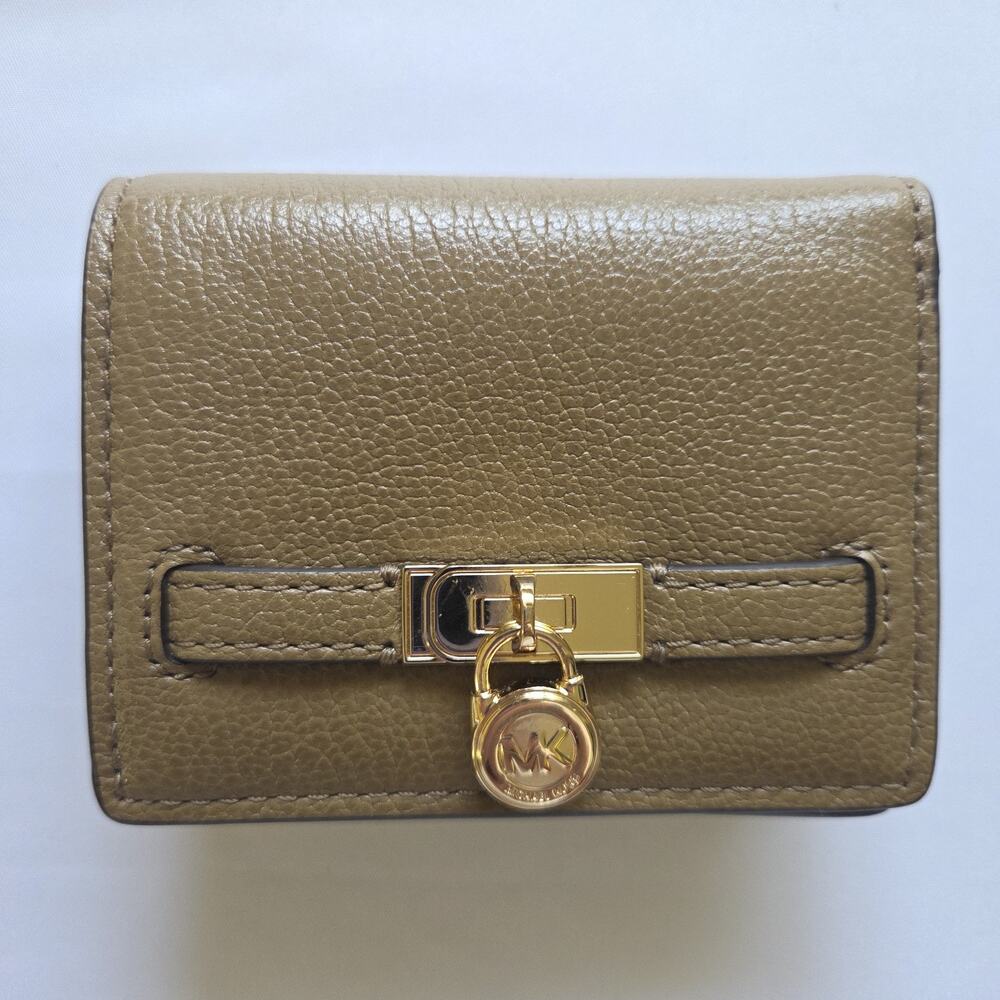 Michael Kors Hamilton Legacy Leather Card Case Wallet Taupe Gold Lock